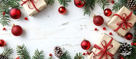 Poster - A festive Christmas scene with presents, evergreen branches, red ornaments against a white backdrop, embodying the spirit of Christmas, winter, and the new year. Top view with ample copy space image