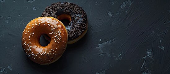 Poster - Two black, white, and brown donuts on a dark backdrop with copy space image.