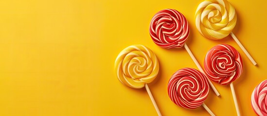 Poster - Vibrant swirl lollipops on yellow backdrop with copy space image.