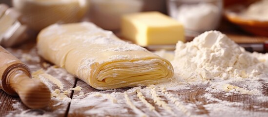 Poster - Raw homemade puff pastry dough being rolled with a rolling pin on a table, featuring flour, butter, and a cloth with available copy space image.
