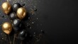 © florynstudio3 - Festive black and gold balloons on a black background banner celebration theme. Generative AI