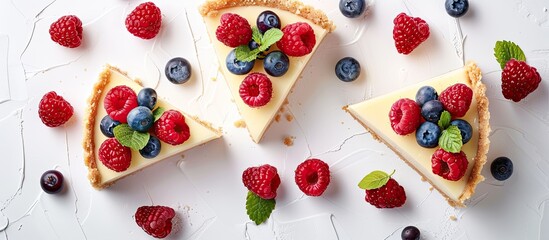 Sticker - Cheesecake slices with berries on a white background, perfect for copy space image.