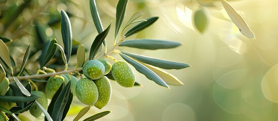 Aufkleber - A close-up image of a ripe olive branch with green leaves symbolizes the Mediterranean diet concept and features ample copy space for design.
