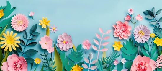 Poster - Easter and holiday-themed banner with paper-cut frame featuring natural flowers and plants; ideal for spring projects. Creative paper art with copy space image.