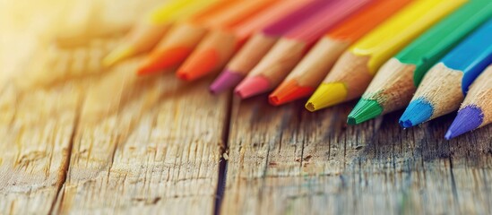 Aufkleber - Back to school concept with color pencil crayons being sharpened on a blurred wooden background, ideal for copy space image.