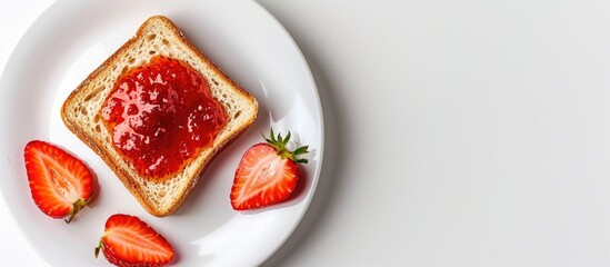 Poster - Top view of a slice of toast with strawberry jam on white background, flat lay style with room for text or image insertion. Copy space image. Place for adding text and design