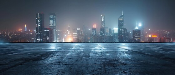 Dark concrete floor foreground, night city skyline background