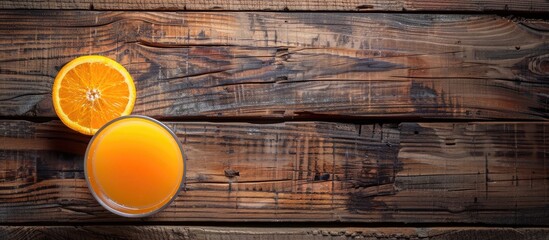 Poster - A cool glass of orange juice on a wooden background with copy space image. Fruit juices rich in vitamin C can be enjoyed all year round.