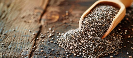 Aufkleber - Close-up view of organic chia seeds with a wooden scoop on a wooden surface, ideal for a copy space image.