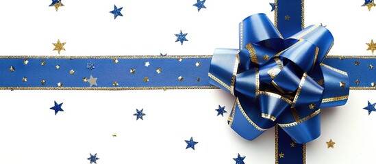 Poster - Close-up view of a blue ribbon with a gold star pattern gift, featuring a bow, perfect for Christmas gifts, isolated on a white background with copy space image.