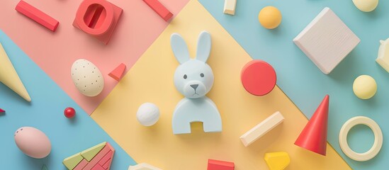 Poster - An abstract composition with geometric shapes using toys on a light background, suitable as an Easter or baby-themed banner with elements for design and a spot for text, featuring minimalism and copy