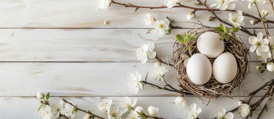 Fototapete - Easter egg displayed in a rustic nest surrounded by spring blossoms on a white wooden backdrop with copy space image.