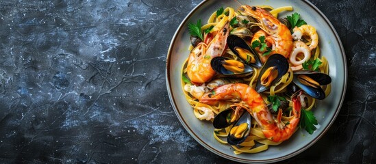 Aufkleber - Top view of a plate featuring a classic seafood pasta with mussels, prawns, and squid, allowing for free copy space image.