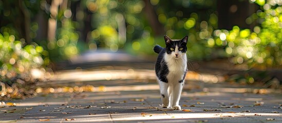 Sticker - In an outdoor public park, a charming black and white cat strolls along the path, creating a picturesque scene with copy space image.