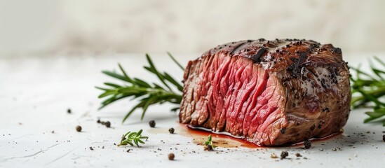 Wall Mural - High-quality image of a roast beef fillet on a kitchen table, against a white background with space for additional content.