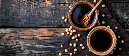 Poster - Japanese soy sauce and uncooked soybeans in a copy space image.