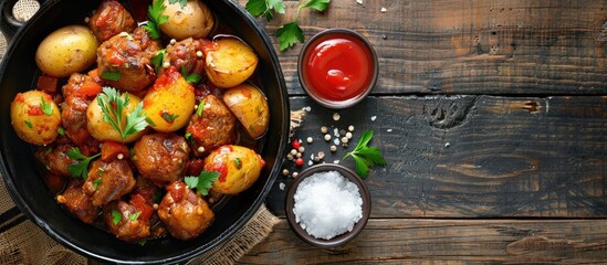 Aufkleber - A black bowl holds boiled potatoes and meat with seasonings on a wooden table. Ketchup, salt, and pepper are placed against an old background with copy space image nearby.