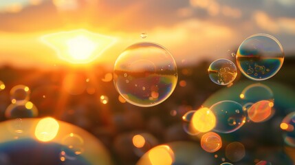 Ethereal Soap Bubbles Glowing in the Warm Evening Sunlight with Bokeh Background – Captivating Nature Photography