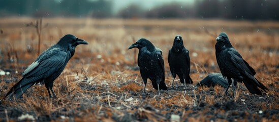 Poster - A quartet of crows rendezvousing in the field, with ample empty space for additional content in the image.