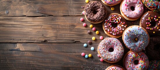 Poster - Colorful sweet donuts with various toppings on a wooden table in a top view copy space image.