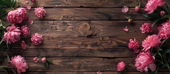 Sticker - Wooden background with peonies for social media. Texture highlighted in the copy space image.