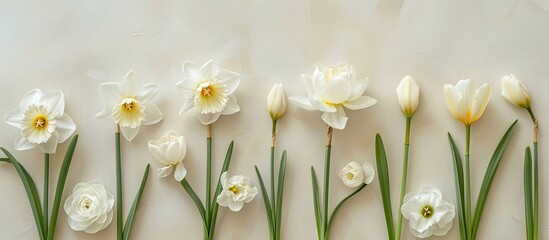 Sticker - A flat lay composition showcasing Narcissus flowers and white tulips on a beige background with ample copy space, ideal for a neutral book cover concept.