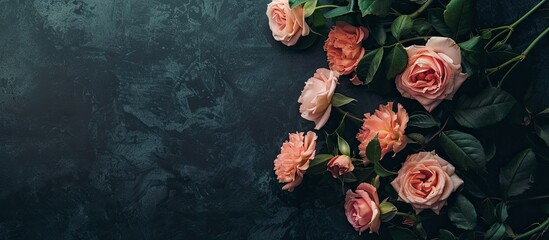 Poster - Funeral invitation card with blooming flowers set against a dark background, creating a somber yet elegant copy space image.