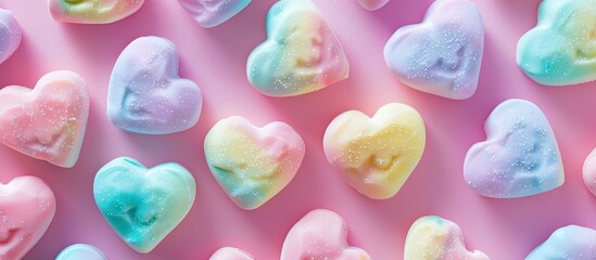 Fototapete - Top view of a sweet pastel rainbow candy heart pattern perfect for Valentine's Day and Easter decor with a copyspace image.