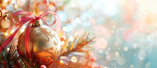 Poster - Christmas ornament on a colorful background, featuring a bauble adorned with a ribbon bow, against a backdrop with copy space image.