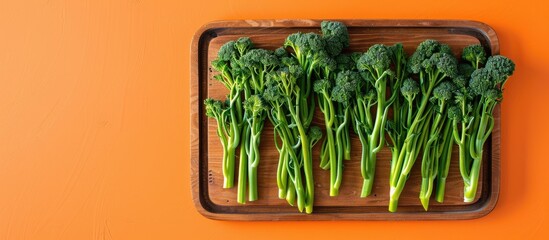 Aufkleber - Baby Broccolini arranged on a wooden tray with an orange backdrop in a top-down perspective, showcasing a serene copy space image.