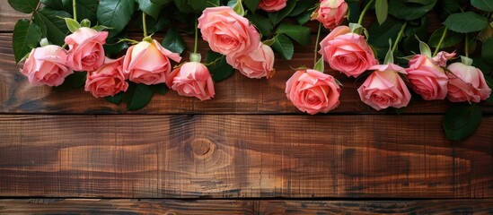 Aufkleber - Pink roses arranged beautifully on a wooden backdrop with space for text or graphics in the image. Copy space image. Place for adding text and design