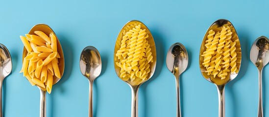 Aufkleber - Top view of spoons holding fusilli, penne, and fettuccine pasta on a blue background with copy space image available.