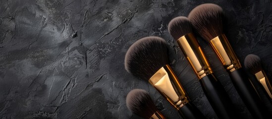 Poster - Professional makeup brushes displayed against a dark backdrop with copy space image.