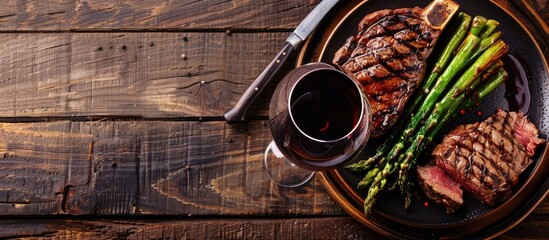 Poster - Rib eye steak and asparagus served with wine on a wooden table with copy space image.