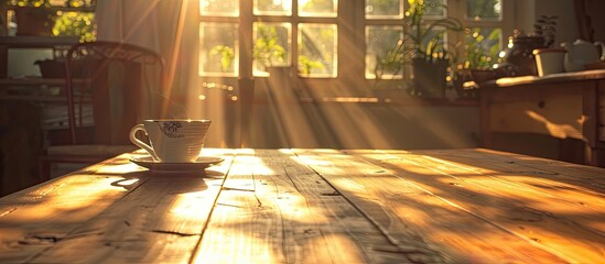 Sunlight illuminates a wooden table with morning coffee, creating a cozy atmosphere. Copy space image. Place for adding text and design