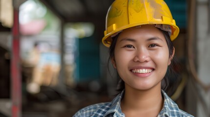 Wall Mural - a woman wearing a hard hat and smiling for the camera with a construction helmet on her head and a building site in the background..