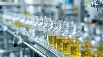 Poster - a row of glass bottles filled with liquid on a conveyor belt in a factory