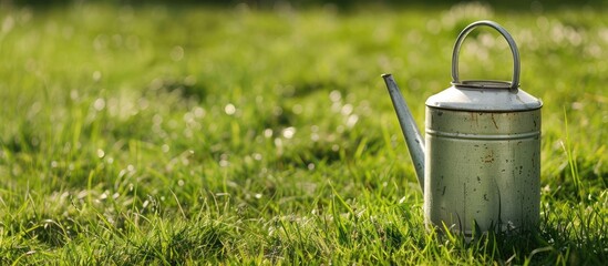 Aufkleber - Fresh milk can on green grass outside with copy space image