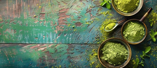 Poster - Colorful wooden background with a bowl of powdered matcha tea, chashaku, and spoon, providing ample copy space image.