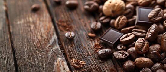 Poster - A wooden surface displaying roasted coffee beans, chocolate, and nuts for a copy space image backdrop is ideal.