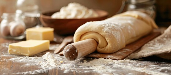 Poster - Raw homemade puff pastry dough being rolled with a rolling pin on a table, featuring flour, butter, and a cloth with available copy space image.