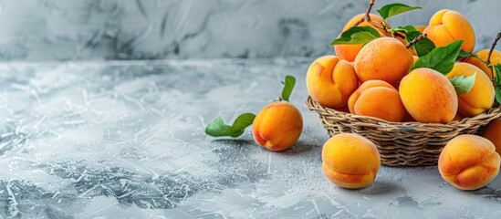 Poster - Ripe apricot fruits with a leaf in a wooden basket on a white rustic table create a healthy fruit background with copy space image.