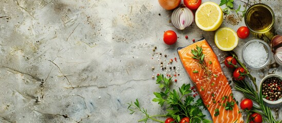 Poster - A display of fresh red salmon fillet garnished with tomatoes, spices, onion, lemon, and olive oil on a kitchen table with a blank area for text. Top view image. Copy space image