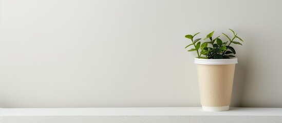 Wall Mural - White background showcases a biodegradable paper cup, exemplifying eco-friendly products for a zero waste lifestyle, emphasizing simplicity with ample copy space image.