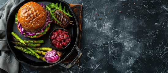 Poster - A rustic dark style homemade food concept featuring a gourmet burger served on an iron pan square placed on a marble table, accompanied by fermented cabbage, grilled asparagus, beetroot dip, and a