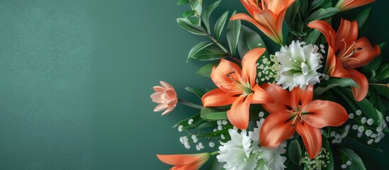 Sticker - Top-down view of a floral arrangement featuring lilies in a serene composition with a postcard mockup set against a green backdrop, allowing for copy space image.