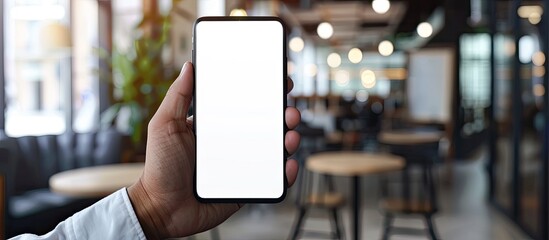 Poster - A man's hand holding a cell phone with a blank white screen in an office setting, providing copy space for advertising or contact information.