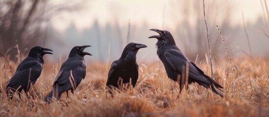 Poster - A quartet of crows rendezvousing in the field, with ample empty space for additional content in the image.