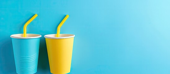Aufkleber - Top view of blue and yellow paper cups with a straw set on a blue background, with a clear area for additional content, known as a 'copy space image.'