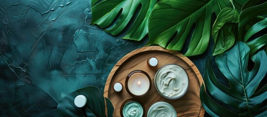 Poster - Spa beauty products for skincare, body, and hair care displayed with green tropical leaves on a wooden tray in a flat lay style, offering a top view presentation with ample copy space image.